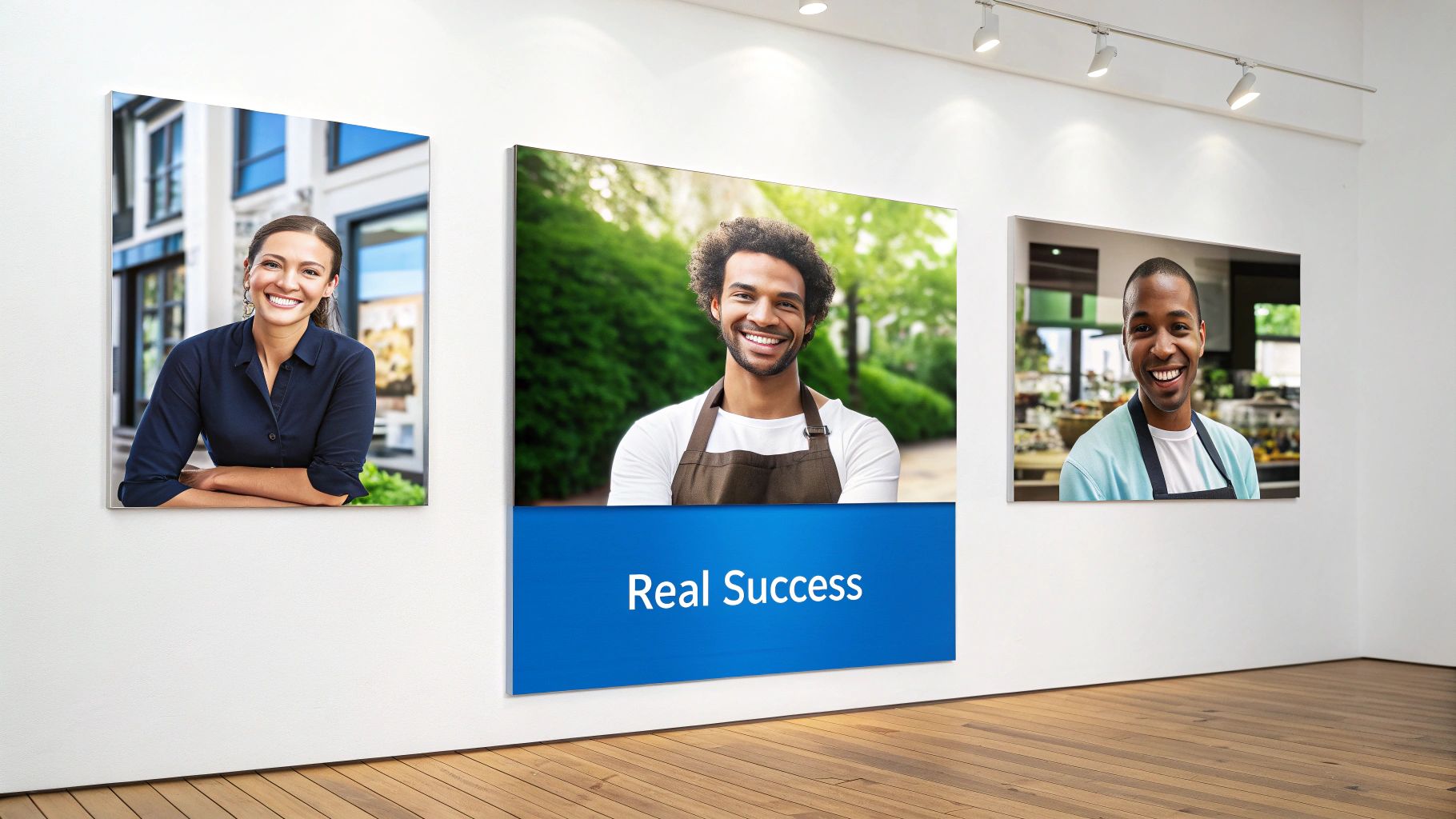What Is Review Management? 3 Gallery wall displaying three diverse small business owners smiling with Real Success banner