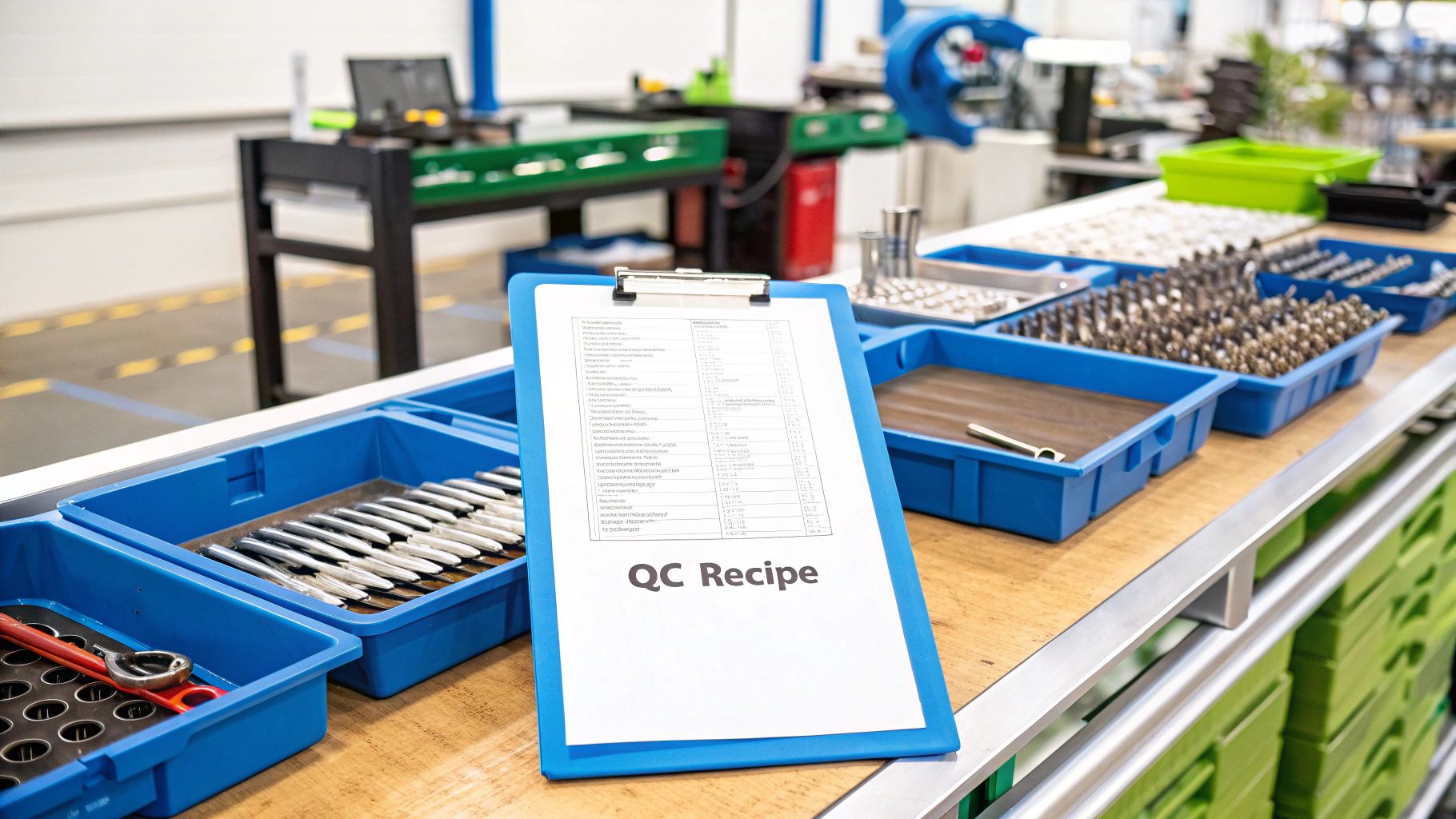 A team member inspecting a product on a production line with a checklist.