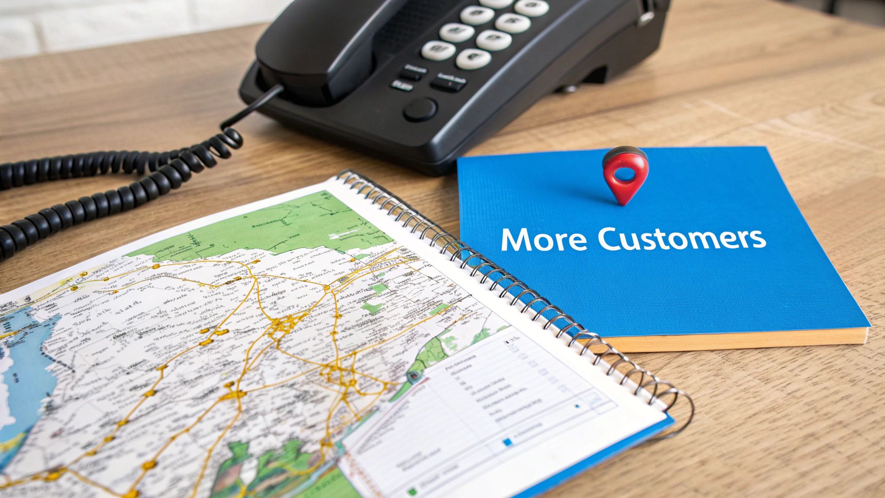 A small business owner smiling while looking at their phone, which shows a notification of a new customer booking from Google Maps.