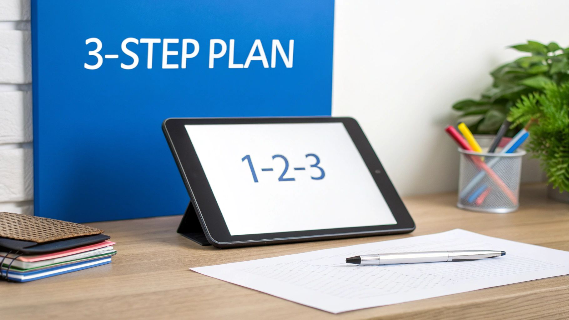 A desk with a blue folder titled "3-STEP PLAN," a tablet displaying "1-2-3," and office supplies.
