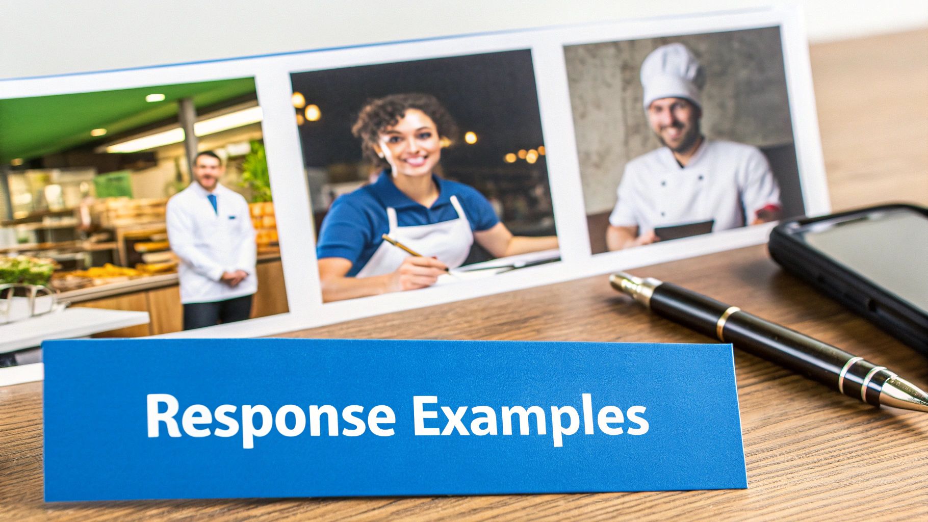 Blue 'Response Examples' card on a wooden table with images of service industry professionals, pen, and phone.