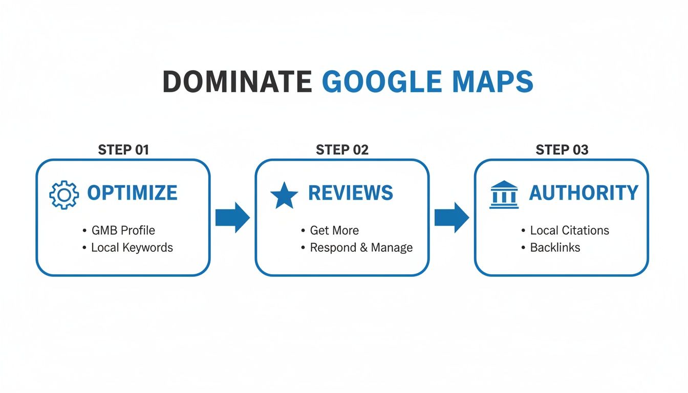 Infographic showing a three-step process to dominate Google Maps: optimize, reviews, and authority.