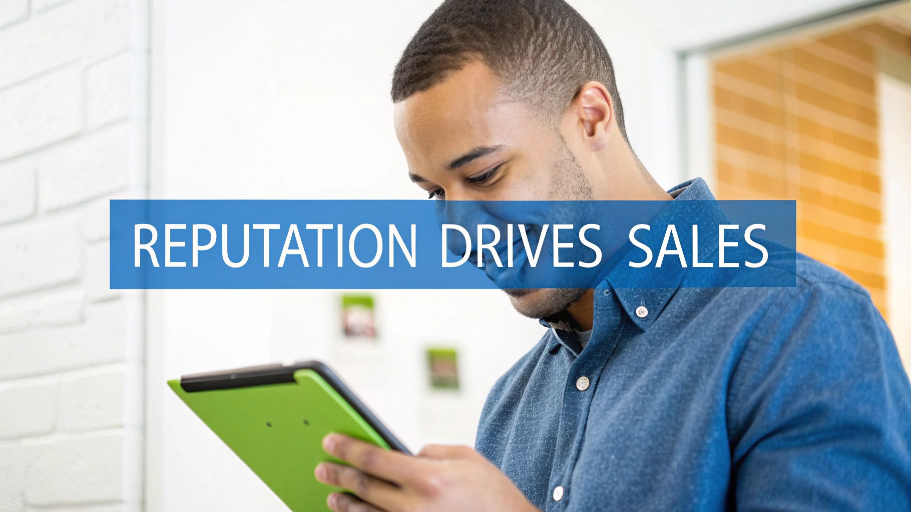 A man looks at a green tablet with a blue text overlay: Reputation Drives Sales.