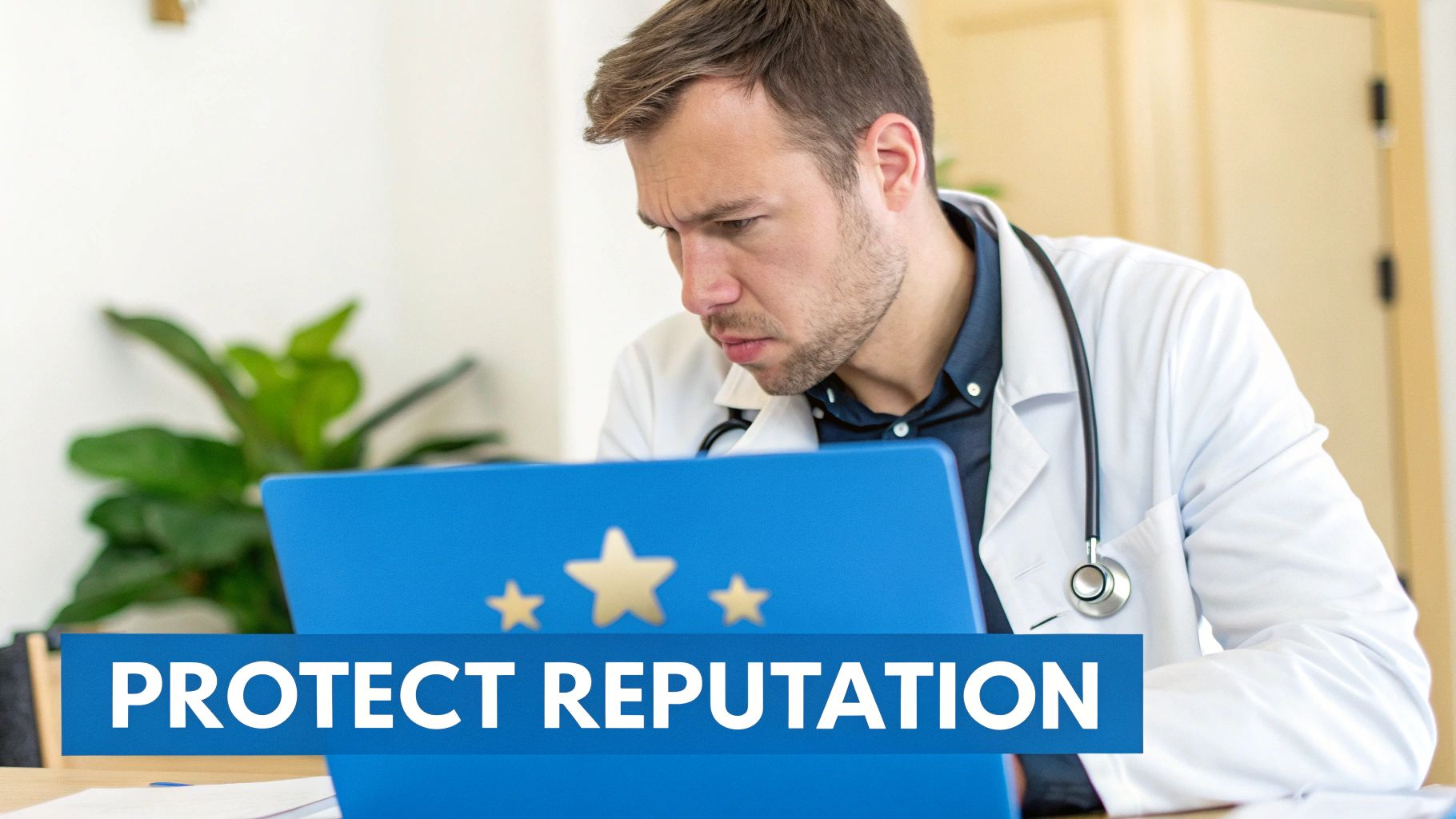 A doctor reviewing patient feedback on a tablet, looking concerned.