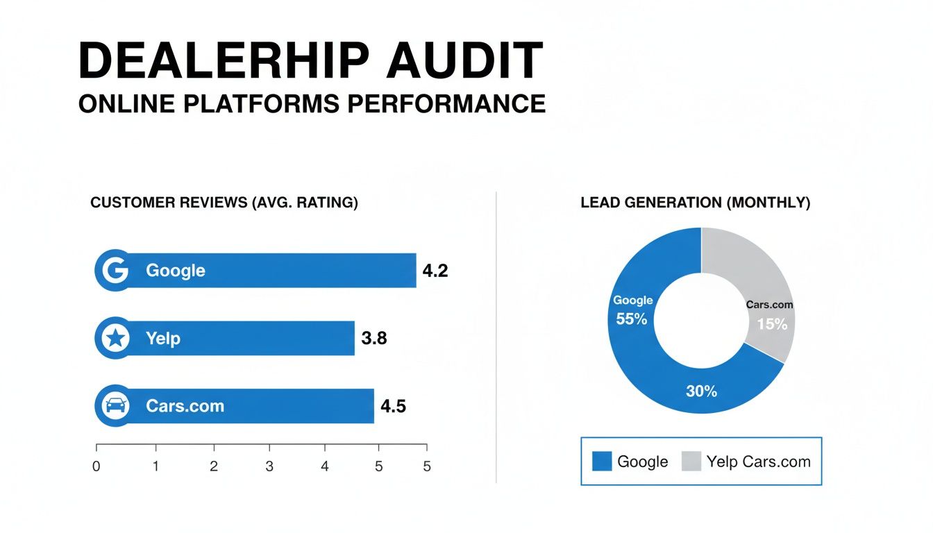 Automotive Reputation Management 2 Dealership audit displaying customer reviews and monthly lead generation from online platforms.