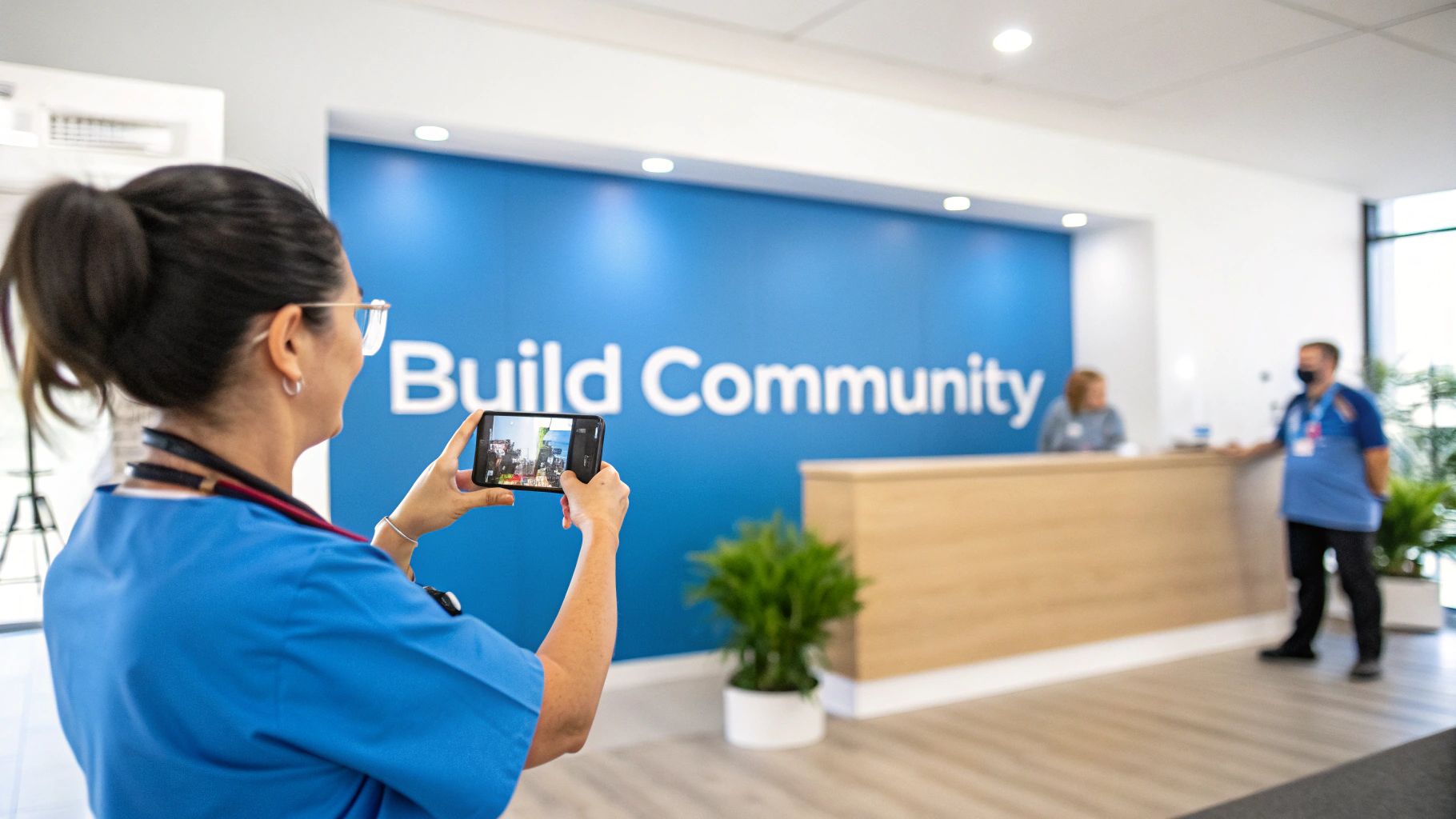 Patient Acquisition Strategies That Help Your Reputation 1 A person in blue scrubs photographs a 'Build Community' sign with a smartphone.