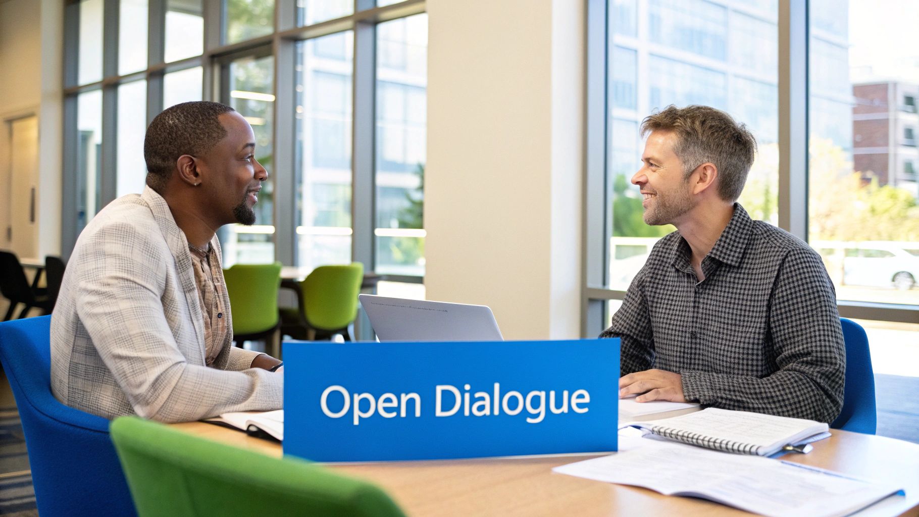 How To Deal With Unhappy Employees 2 A manager having a supportive one-on-one conversation with a team member in a relaxed office setting.