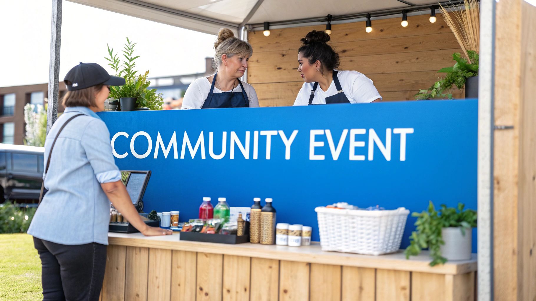 Two women staff members at a vibrant community event booth interacting with a customer.
