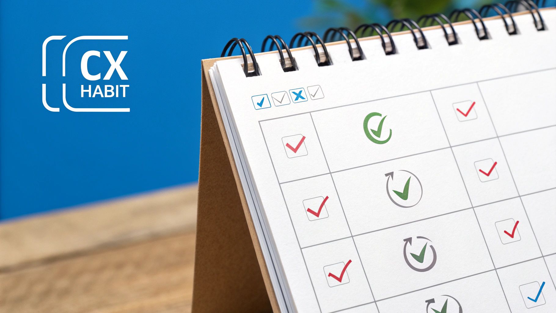 Customer Experience Benchmarking 4 A small business owner reviewing a tablet showing positive customer experience charts in a bright, modern office setting.