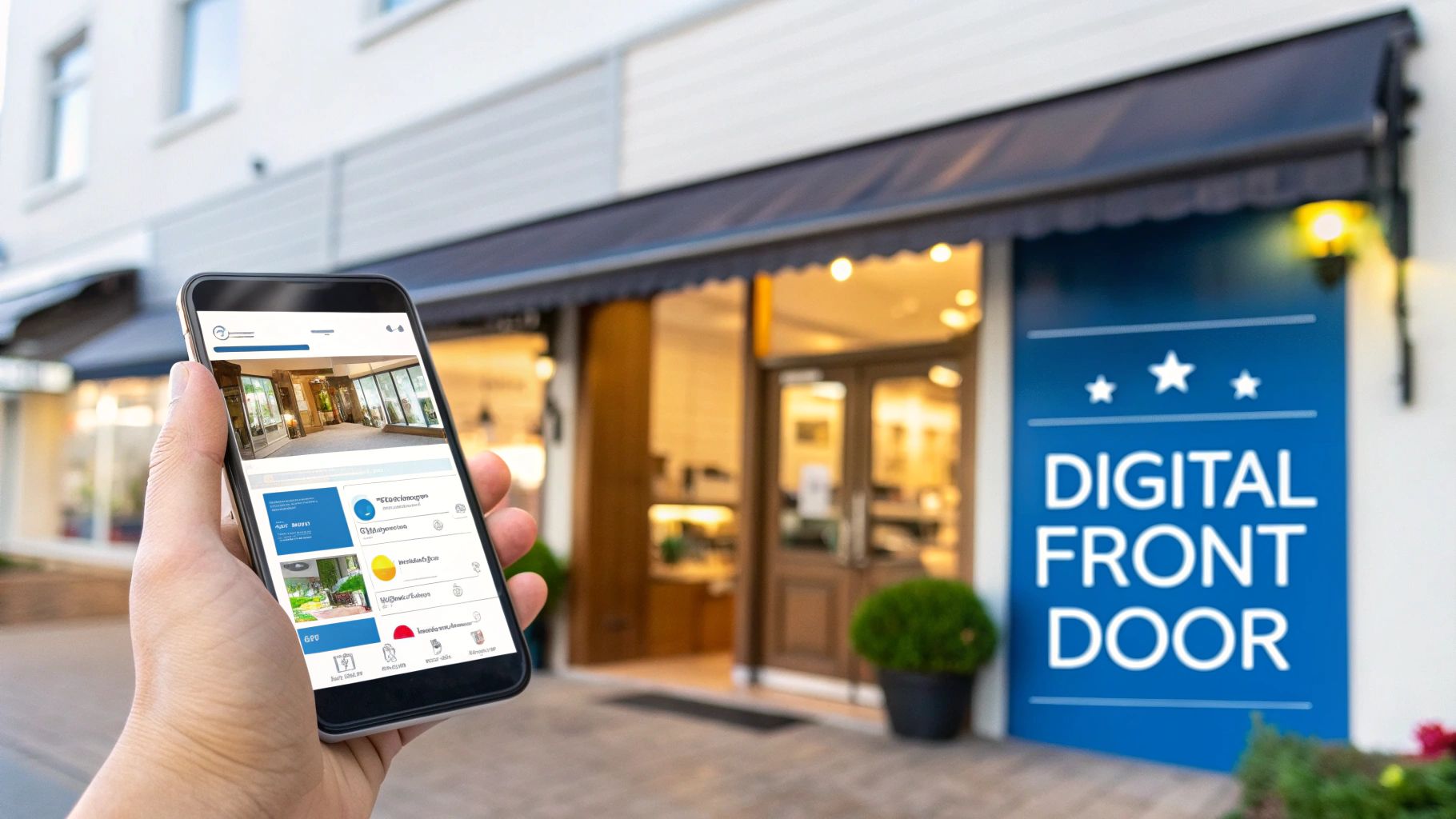 A restaurant owner smiling at customers sitting outside his establishment.