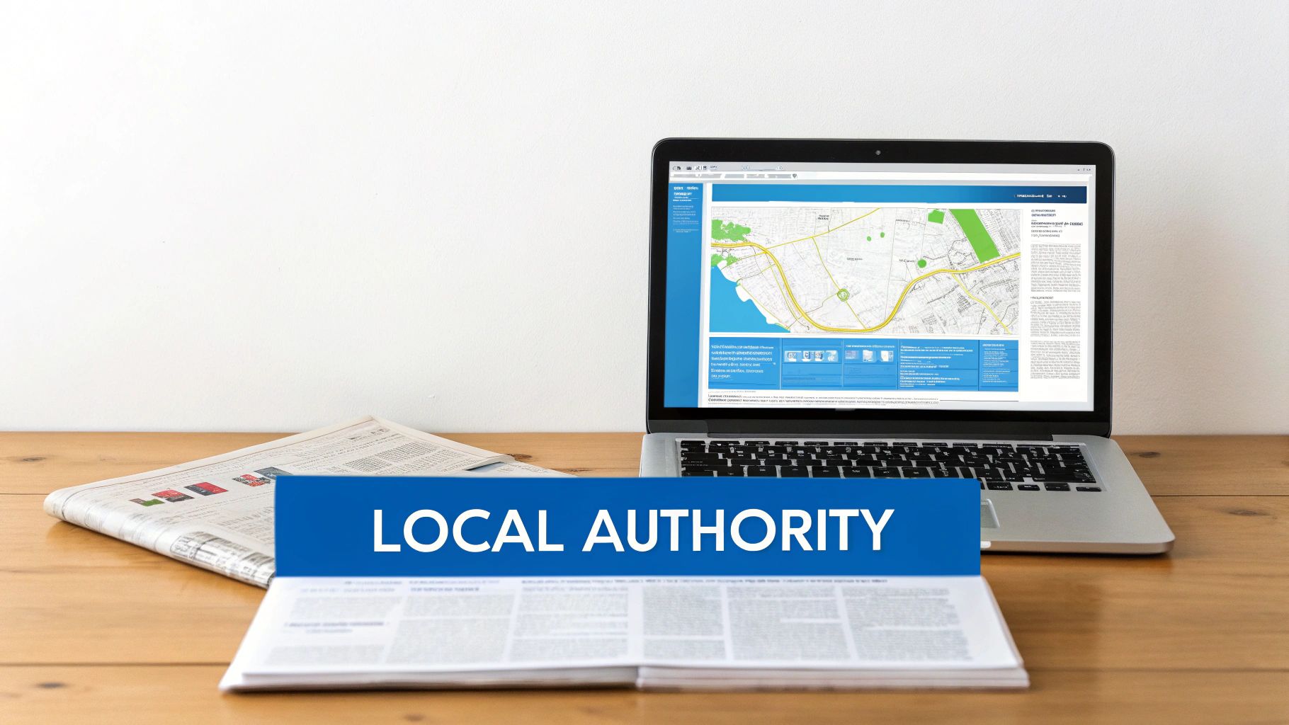 A laptop displays a digital map with roads and green areas, while newspapers and a 'LOCAL AUTHORITY' banner rest on a wooden desk.