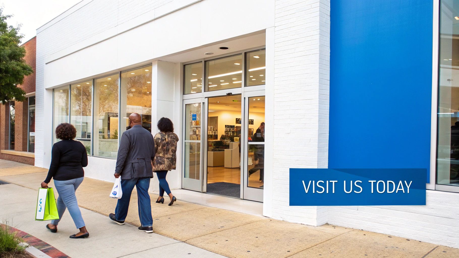 Three people walk towards a modern white building with large windows and a "Visit Us Today" sign.