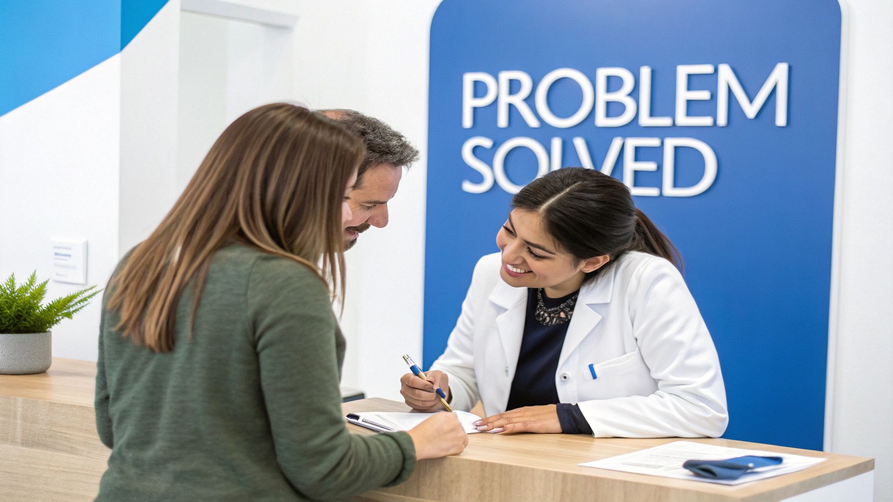 A smiling female professional in a white coat assists a man and woman with paperwork at a service desk.