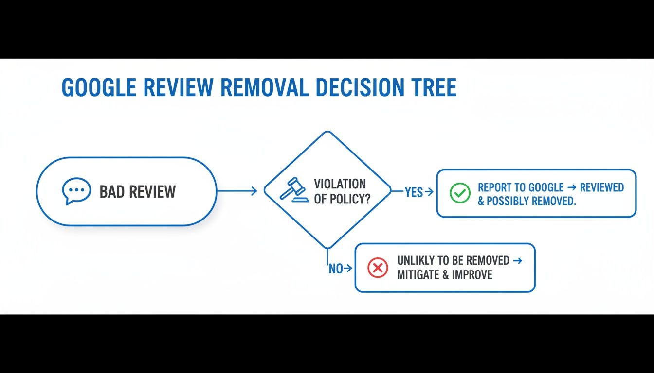 A decision tree illustrating the process for removing bad Google reviews based on policy violations.