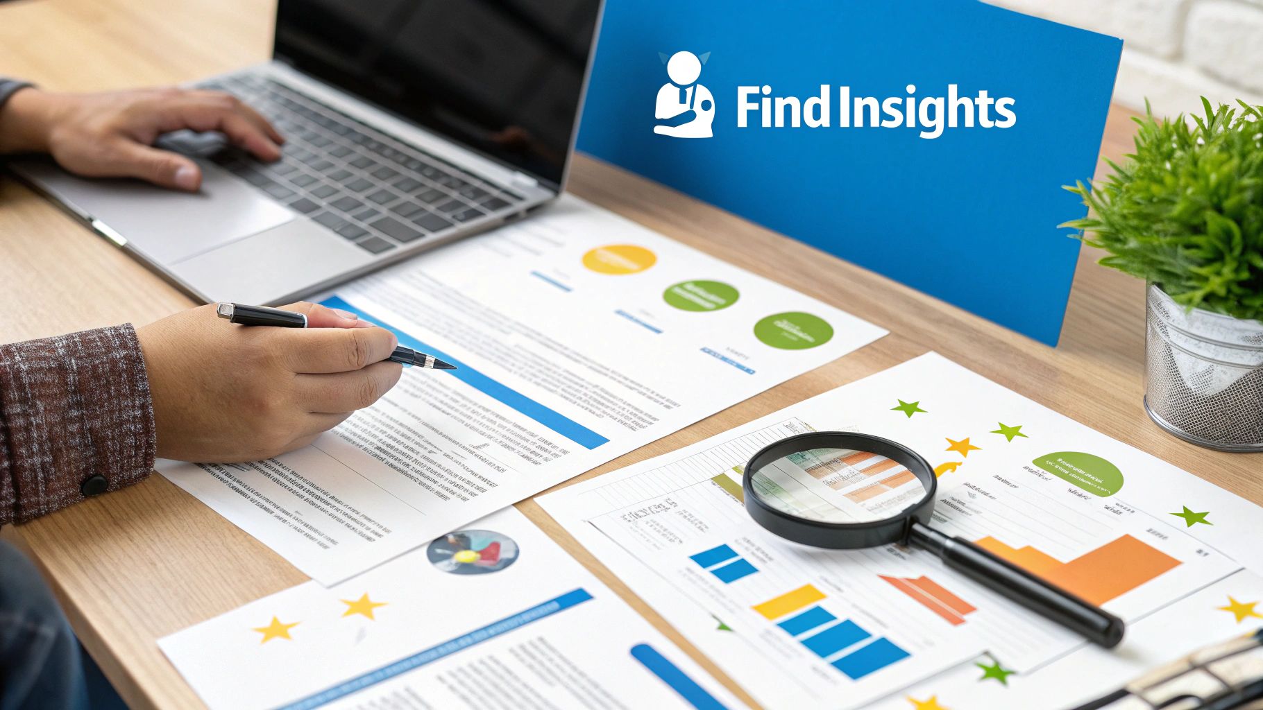 A magnifying glass over charts and graphs, representing analysis of customer feedback.