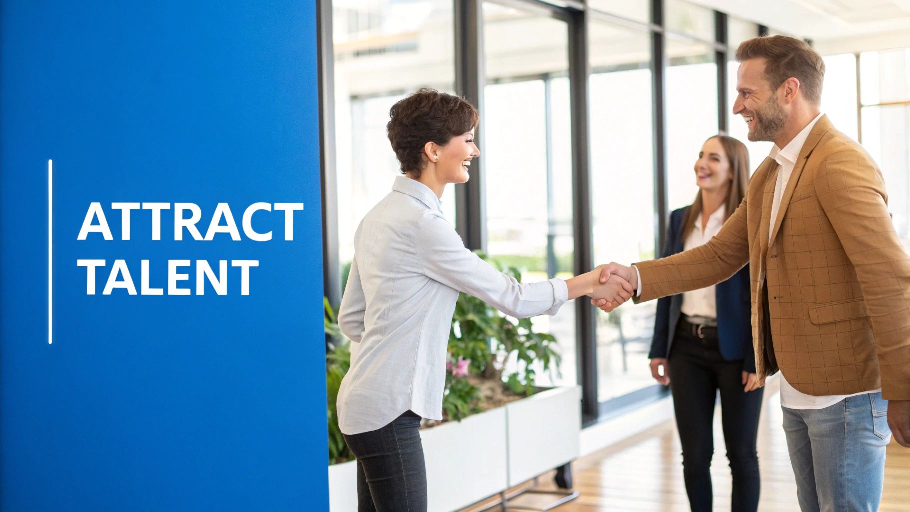 Two professionals shaking hands in a modern office setting, signifying a successful hire.