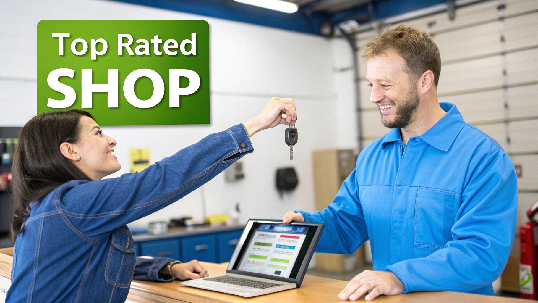 Happy customer receiving car keys from mechanic at top rated auto repair shop