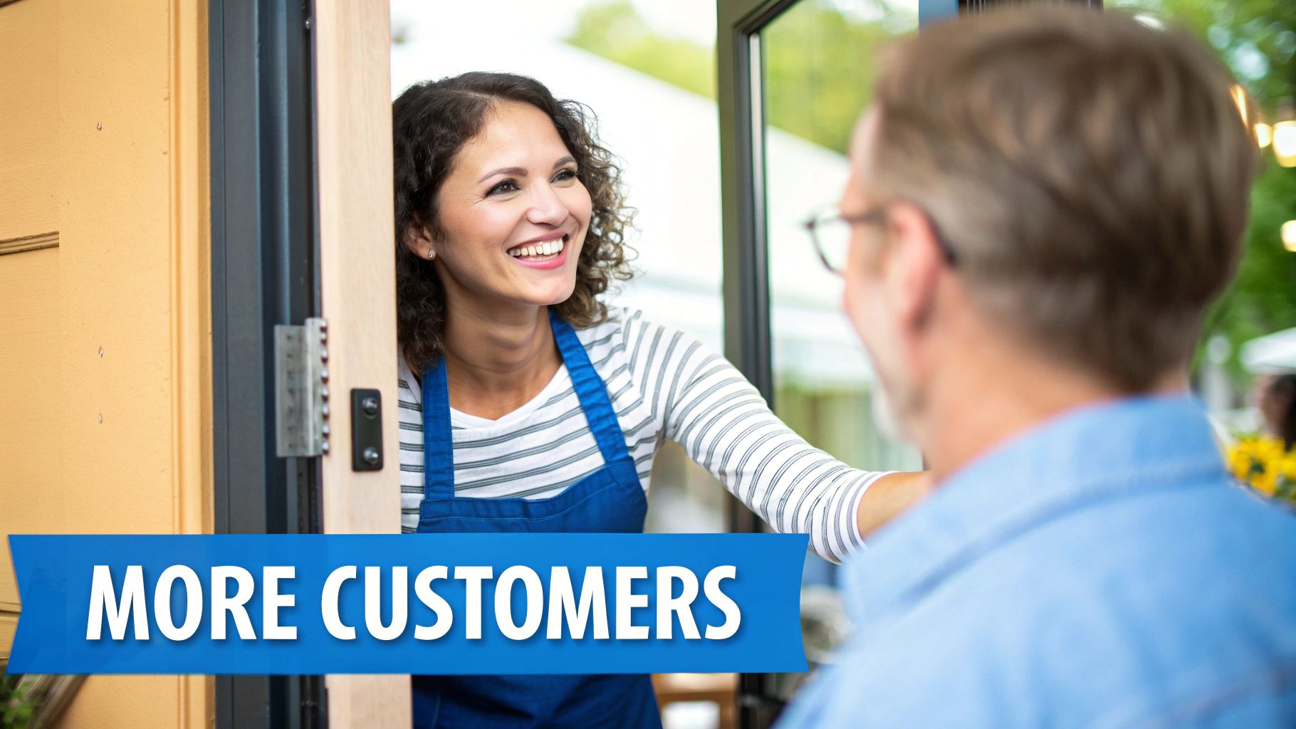 A happy small business owner standing in their thriving shop, confidently speaking with a customer.