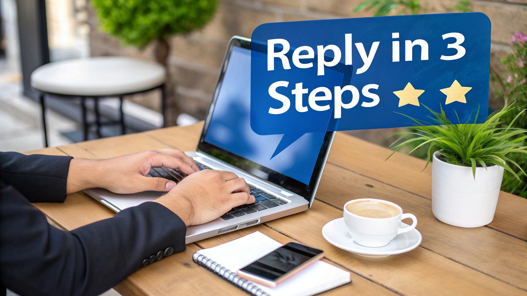 Hands typing on a laptop with a 'Reply in 3 Steps' message on screen, outdoors at a wooden table.