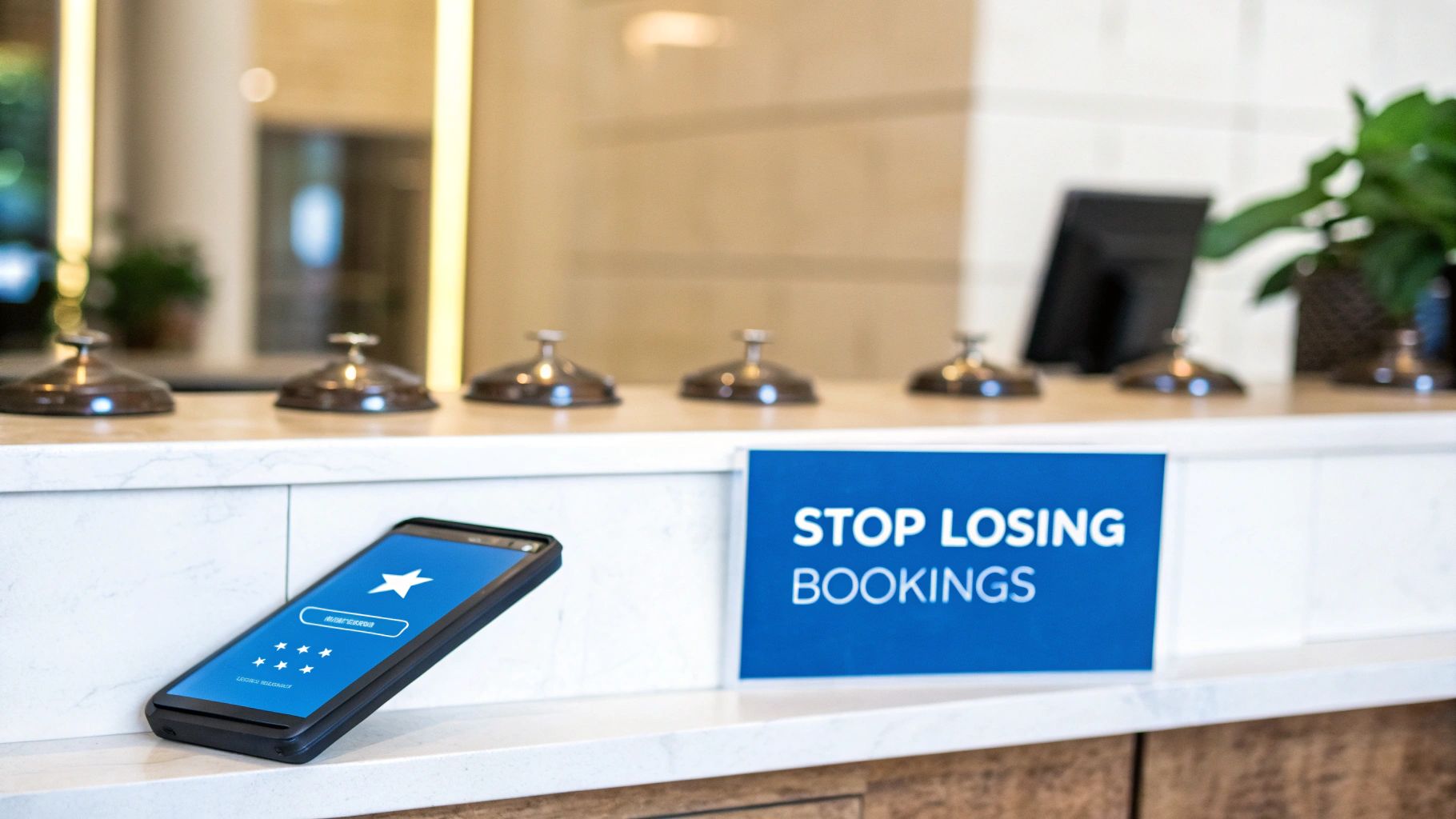 A hotel manager looking stressed while reading reviews on a laptop, with an empty hotel lobby in the background.