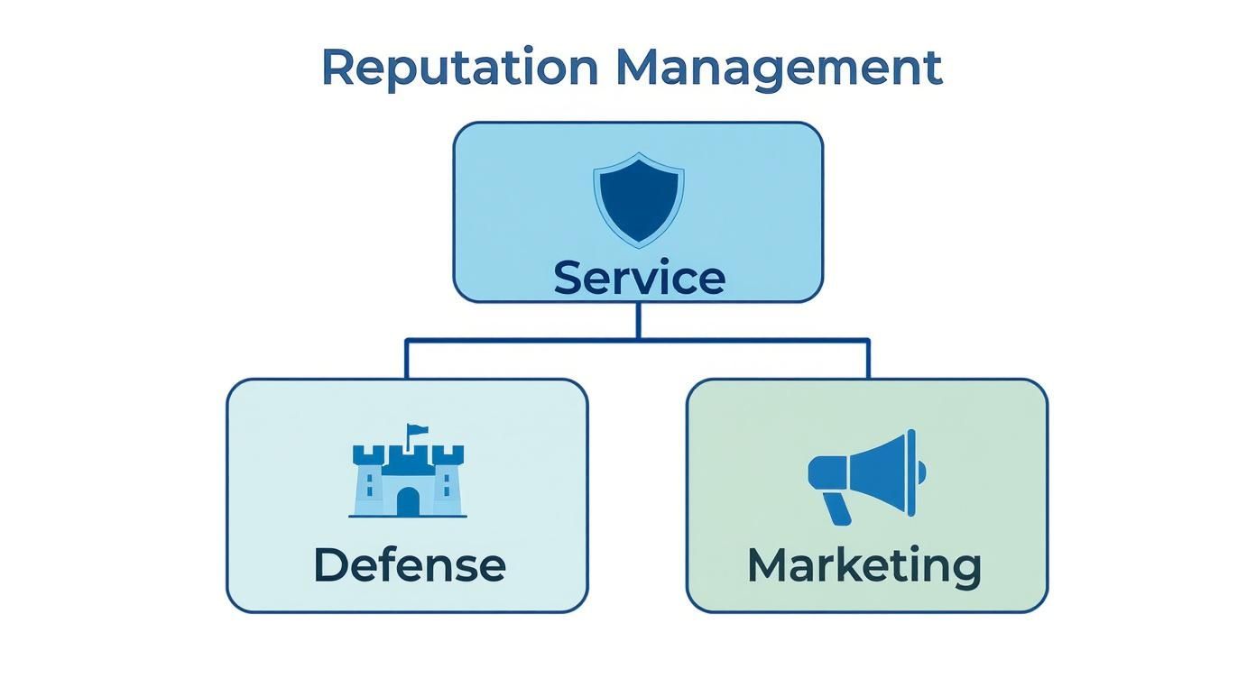 Diagram illustrating reputation management service, detailing its components: service, defense, and marketing.
