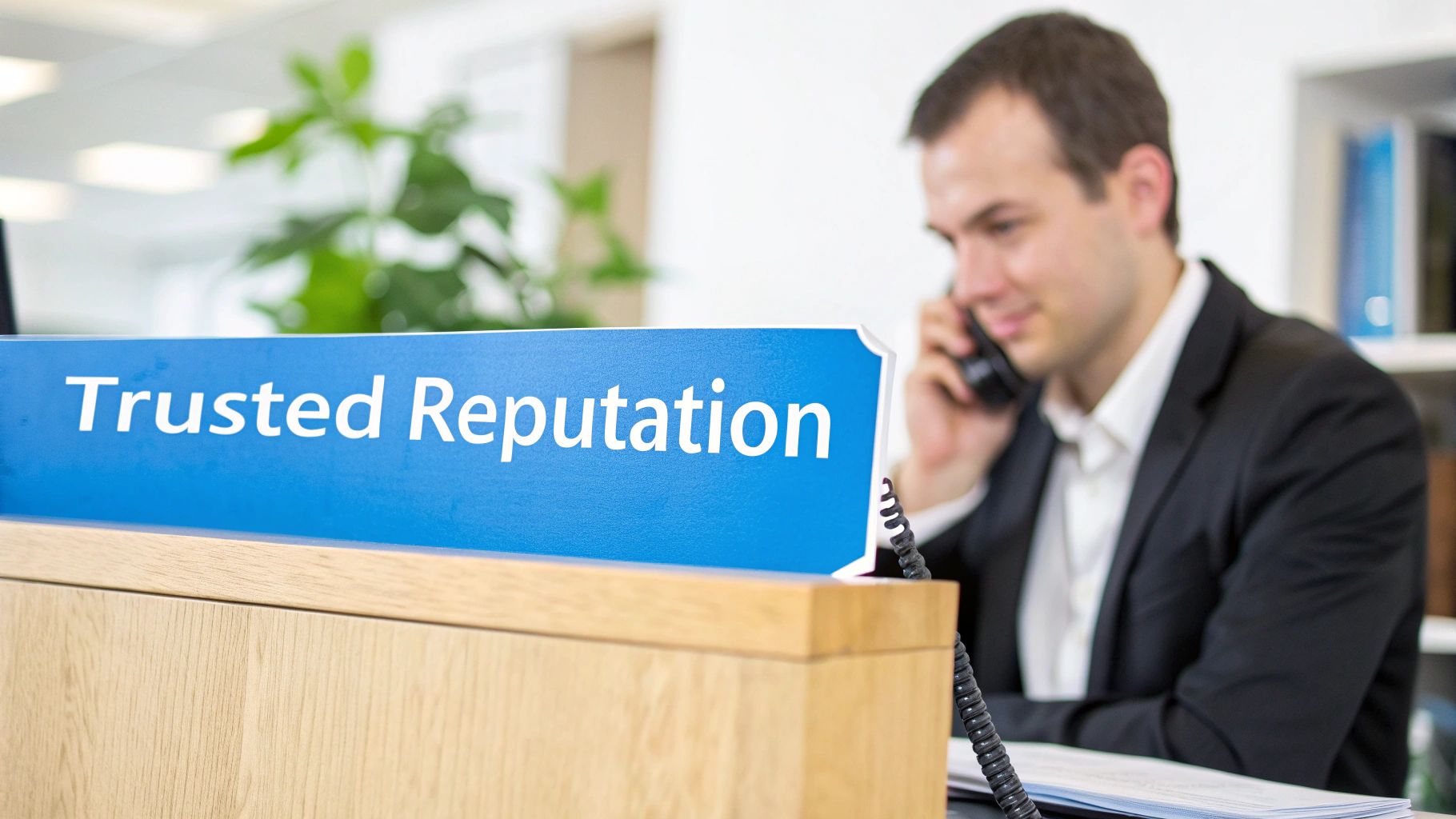 Close-up of a blue 'Trusted Reputation' sign with a smiling man talking on a phone in an office.