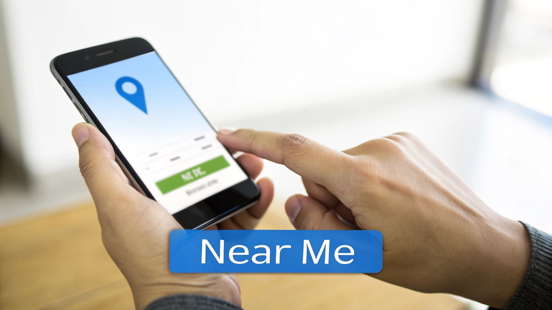 A person holds a smartphone displaying a location pin icon and taps the screen for a 'Near Me' search.