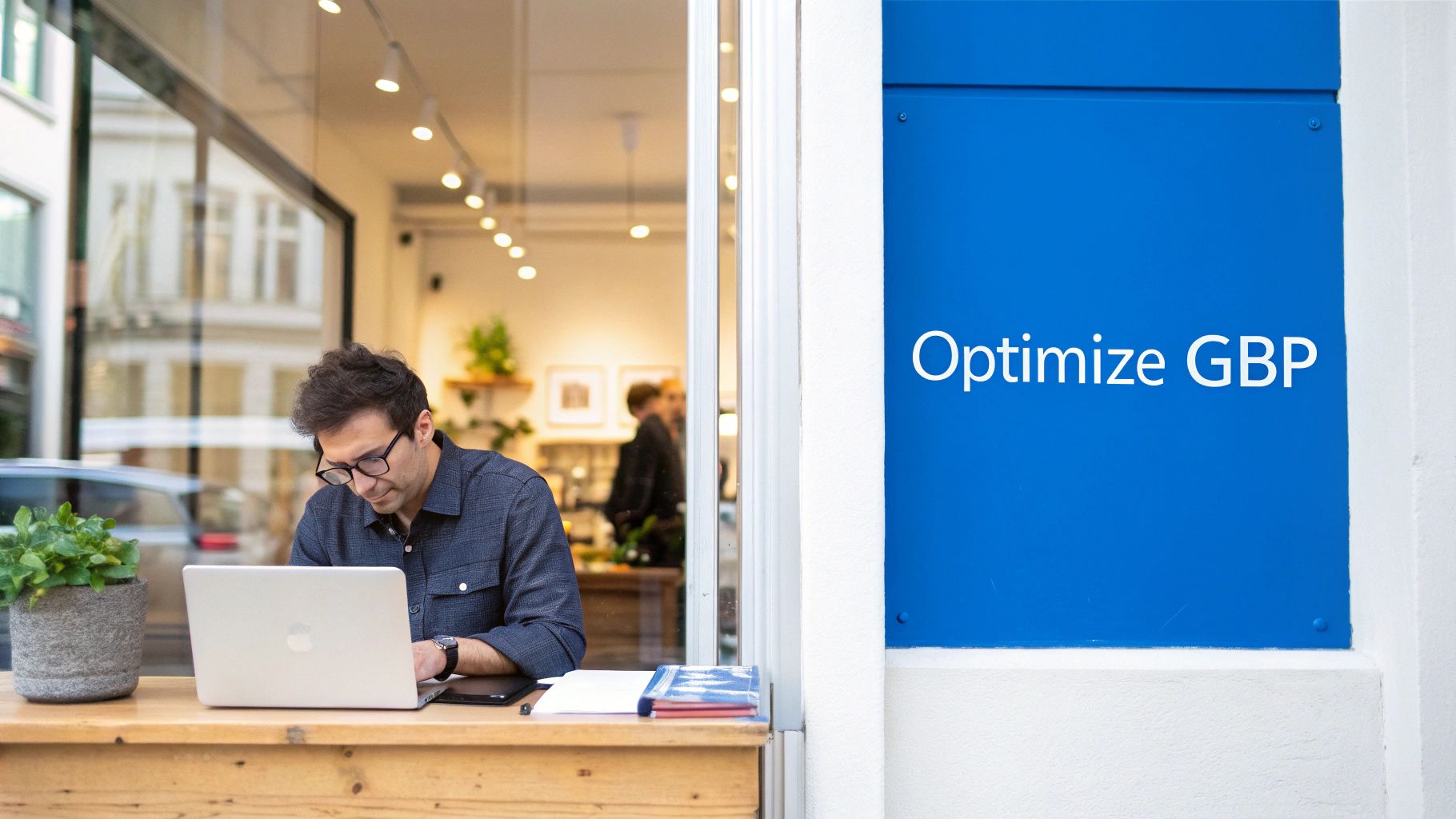 A man in glasses working on a laptop at an outdoor table with an 'Optimize GBP' sign.