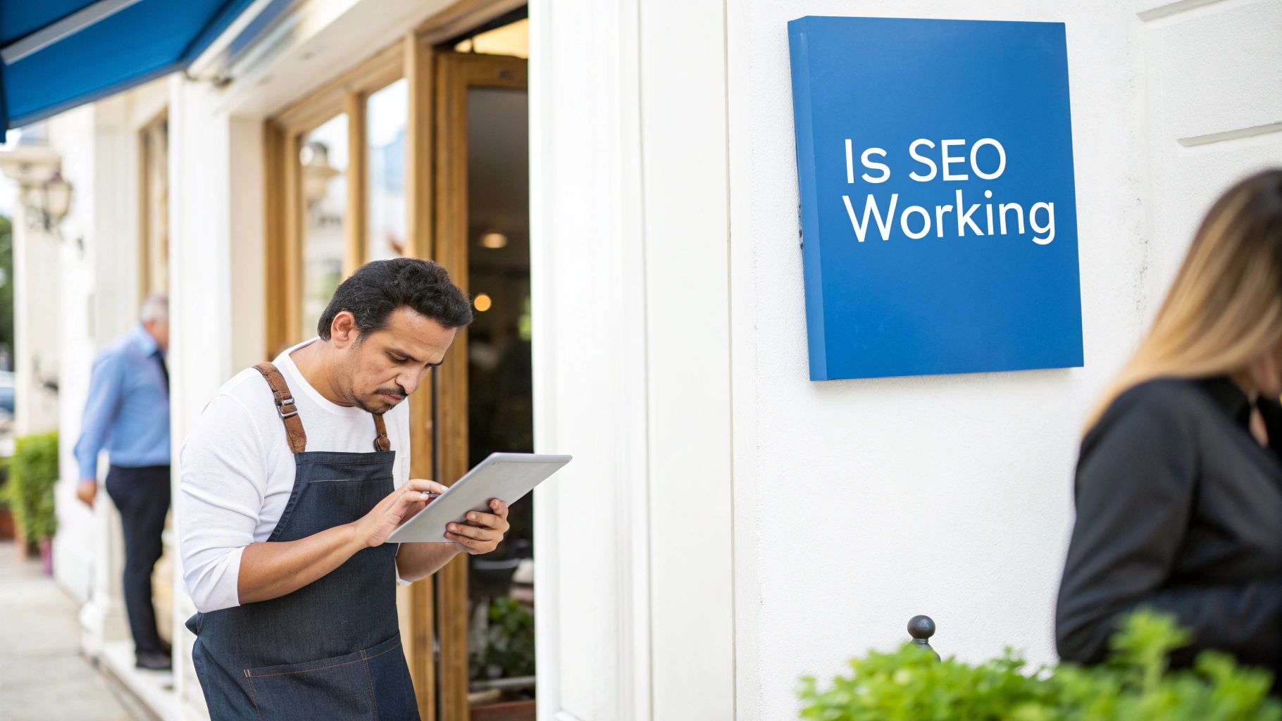 Small business owner checking a tablet outside his store, next to a sign asking 'Is SEO Working'.