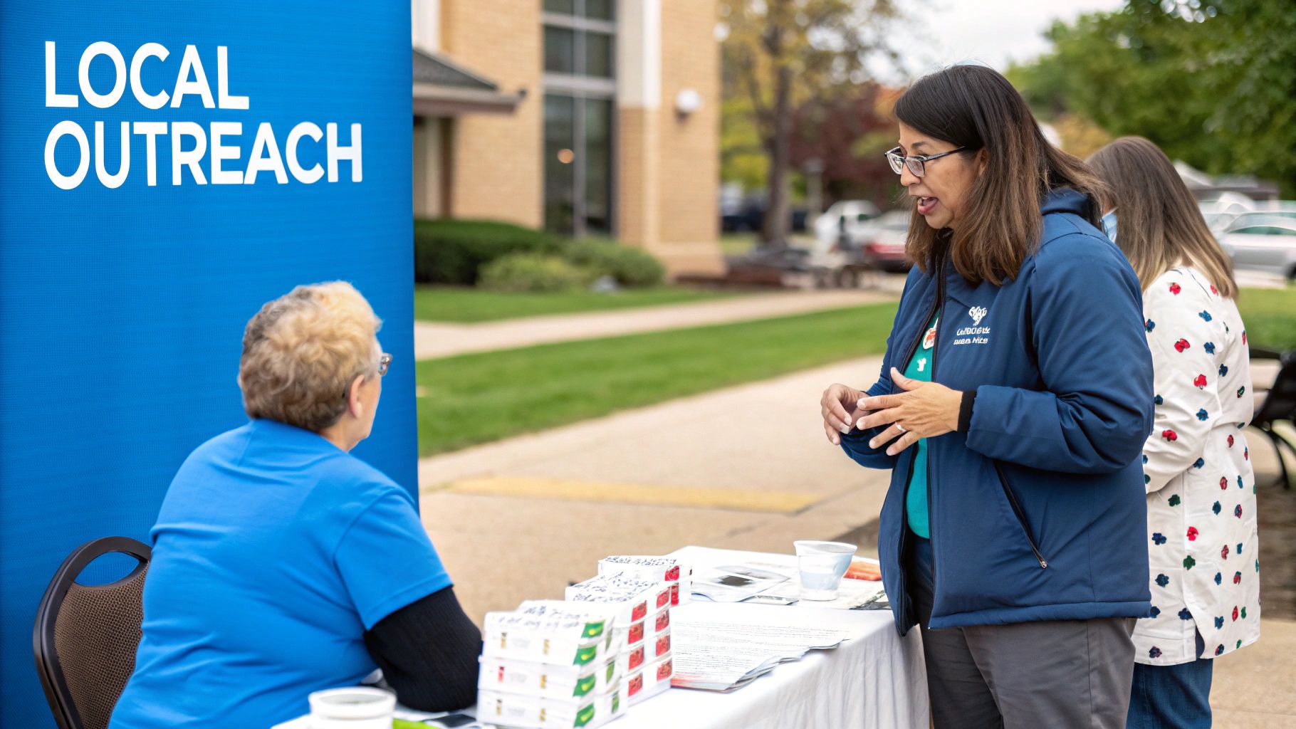 Patient Acquisition Strategies That Help Your Reputation 2 A woman in a blue jacket speaks to a seated woman at a 'Local Outreach' event with materials.