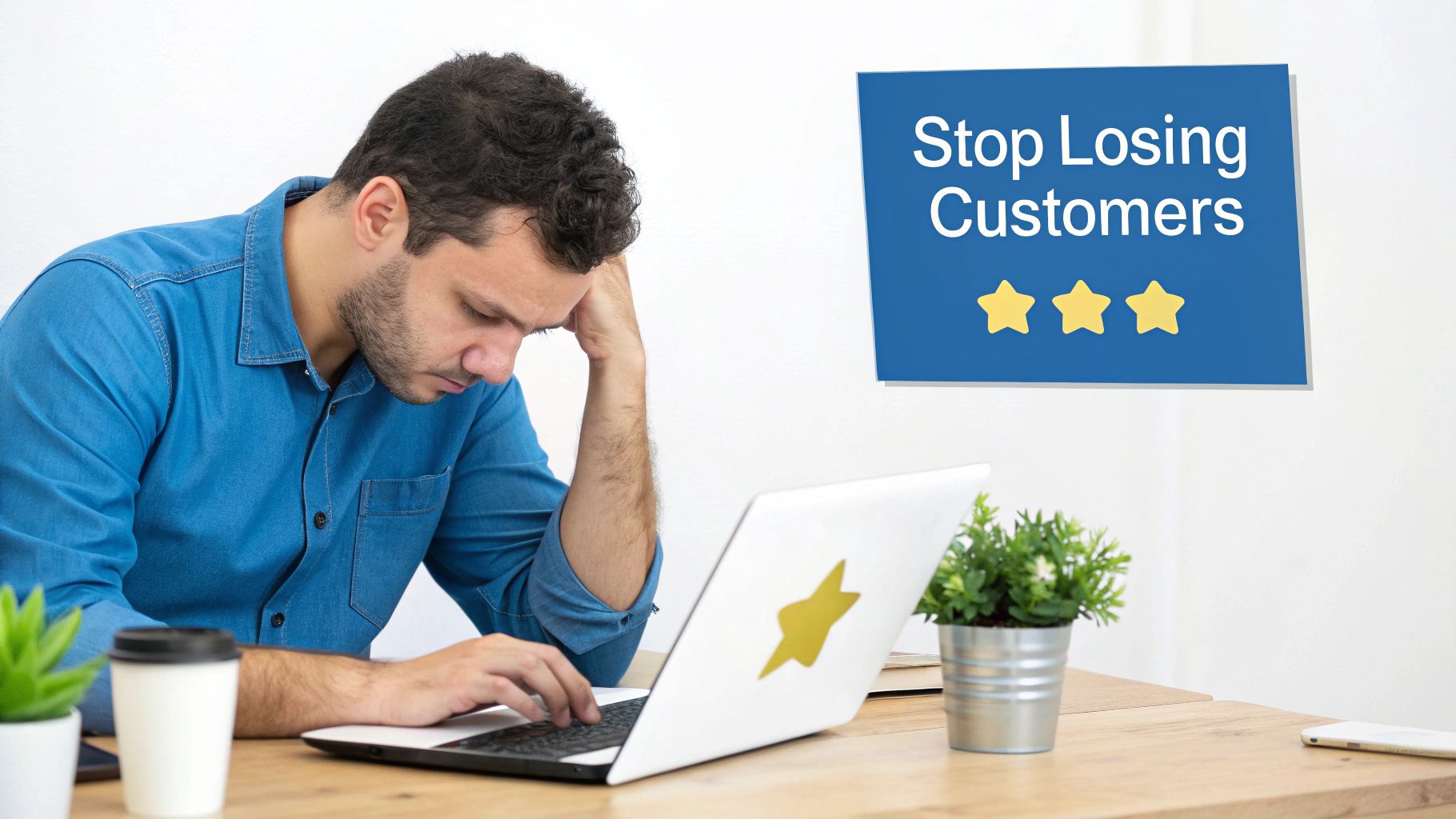 A person looking concerned at their laptop screen, representing a small business owner worried about online reviews.