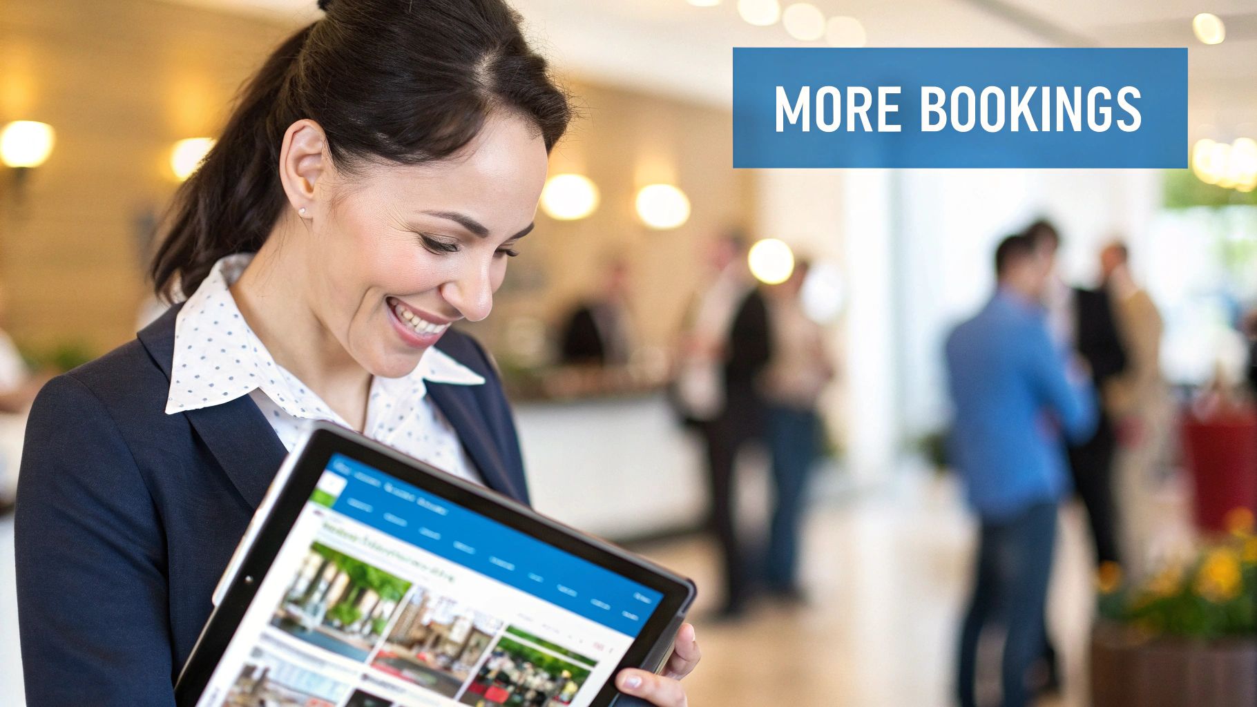 A smiling woman in a suit looks at a tablet displaying hotel listings, with 'MORE BOOKINGS' text.