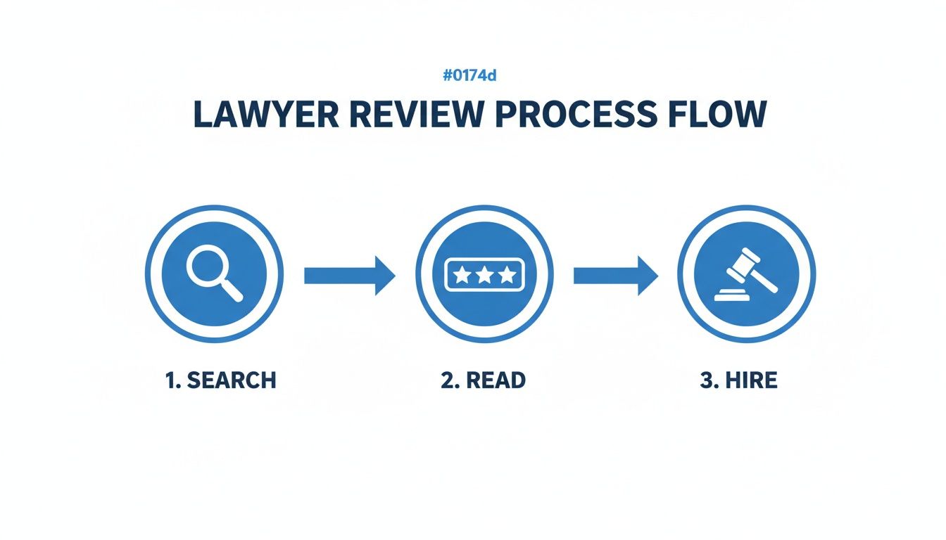 A three-step process flow for reviewing and hiring a lawyer: search, read, and hire.