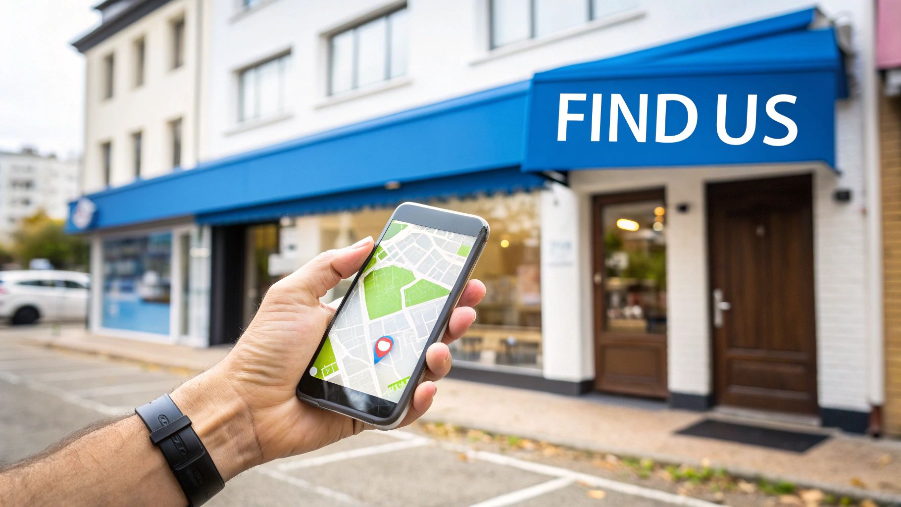A hand holds a smartphone displaying a map, guiding to a local business with a 'FIND US' sign.
