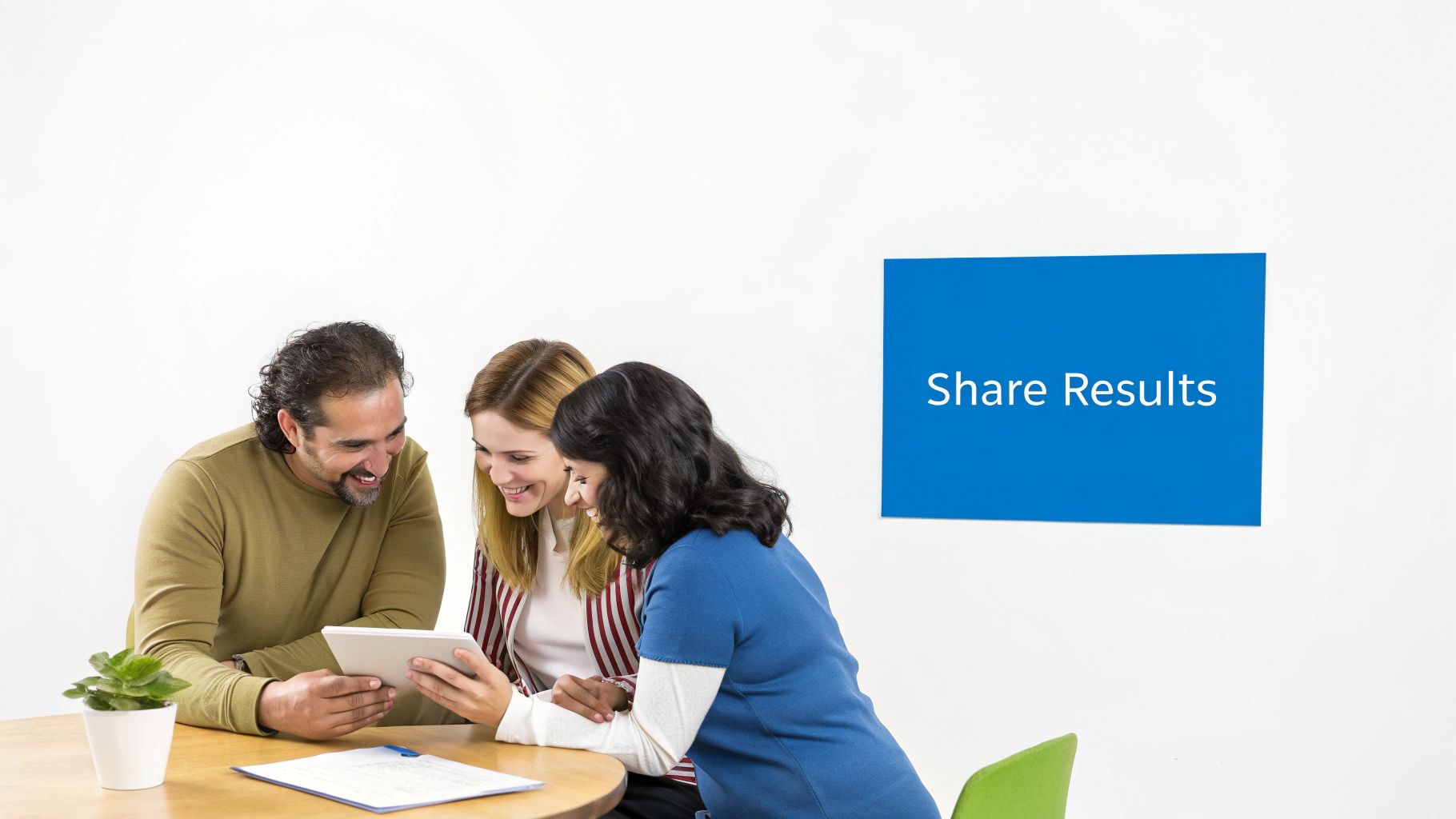Three diverse colleagues smiling and collaborating around a tablet, with 'Share Results' on a blue sign.