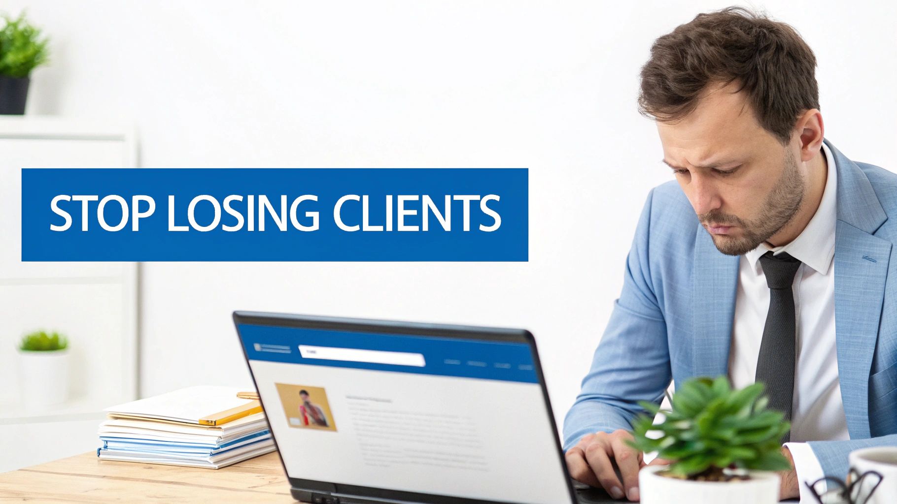 A serious businessman in a suit working on his laptop, next to a 'STOP LOSING CLIENTS' sign.