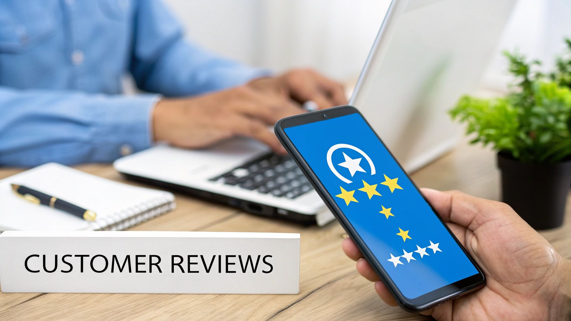A five-star rating with positive customer reviews being highlighted, symbolizing effective reputation management.