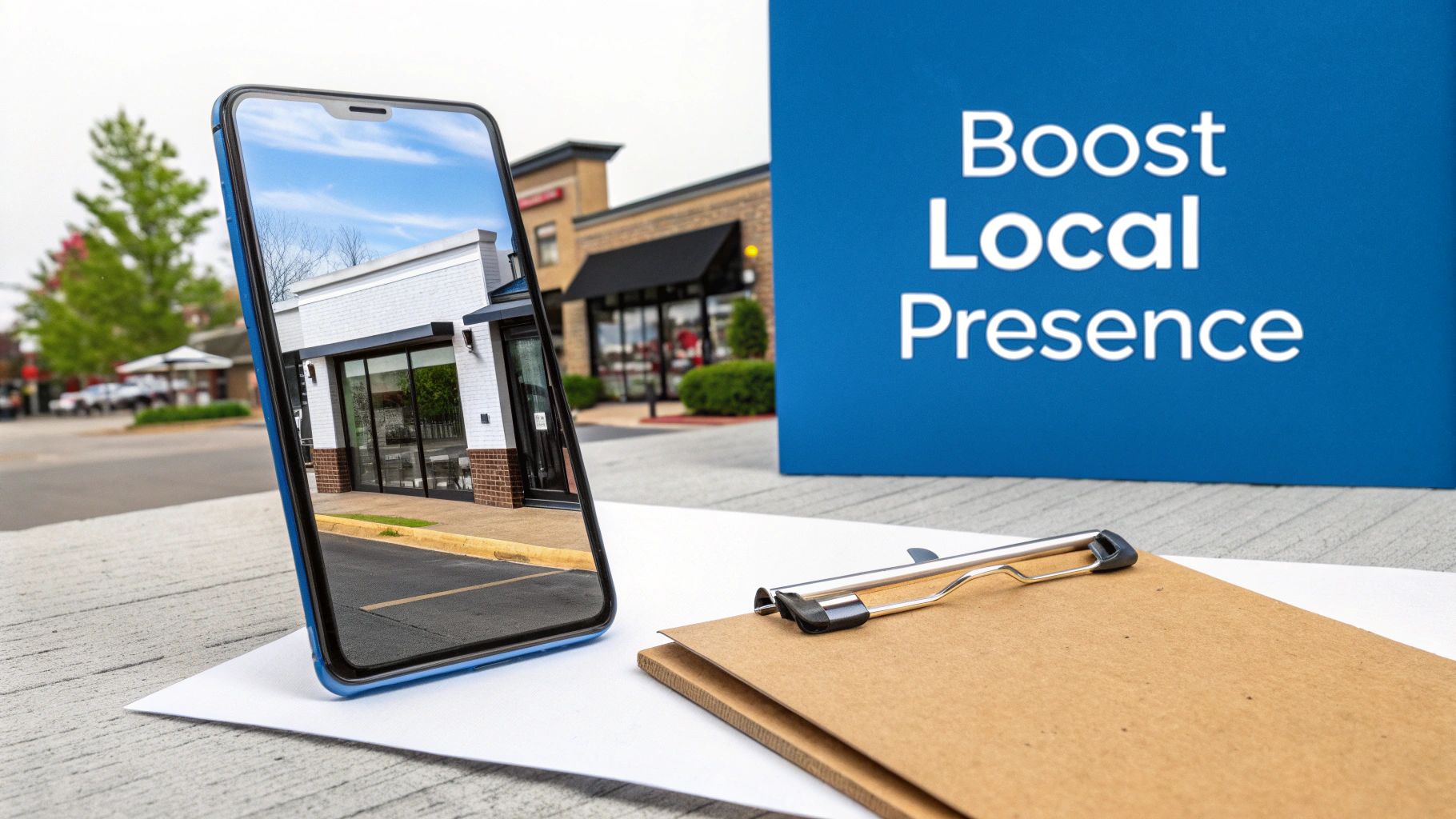 Reputation Online Management 2 A smartphone reflects a local business building, with a 'Boost Local Presence' sign and clipboard.