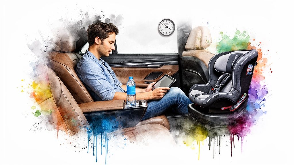 A man in a luxurious car interior with a child car seat, using a tablet, artistic watercolor style.