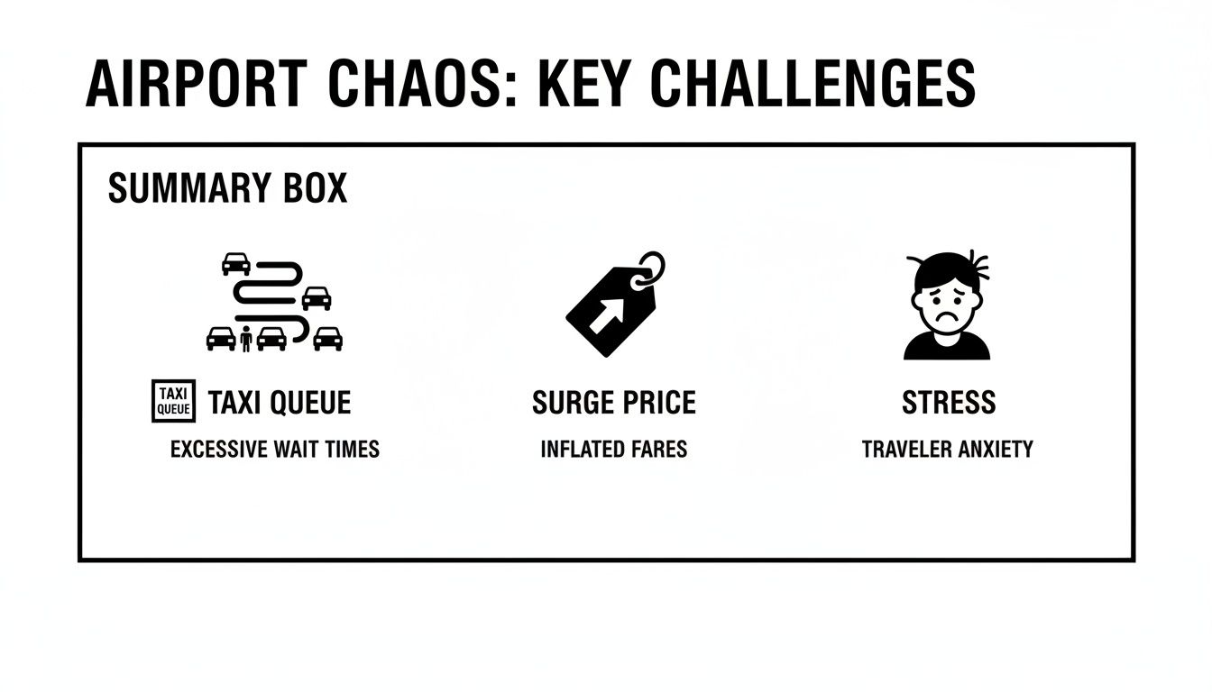 Infographic illustrating airport chaos key challenges: taxi queues, surge pricing, and traveler stress.