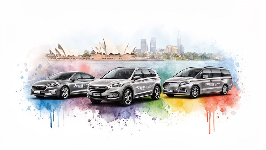 Three diverse silver chauffeur vehicles (sedan, SUV, minivan) with company logos, against a vibrant Sydney harbor backdrop.