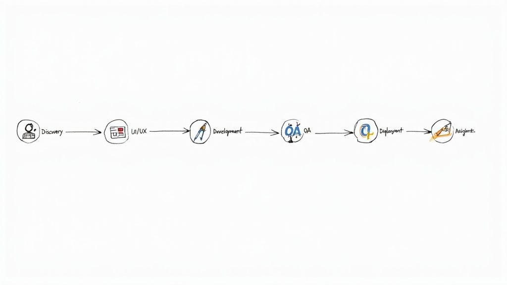 A flowchart showing the different stages of app development from idea to launch.