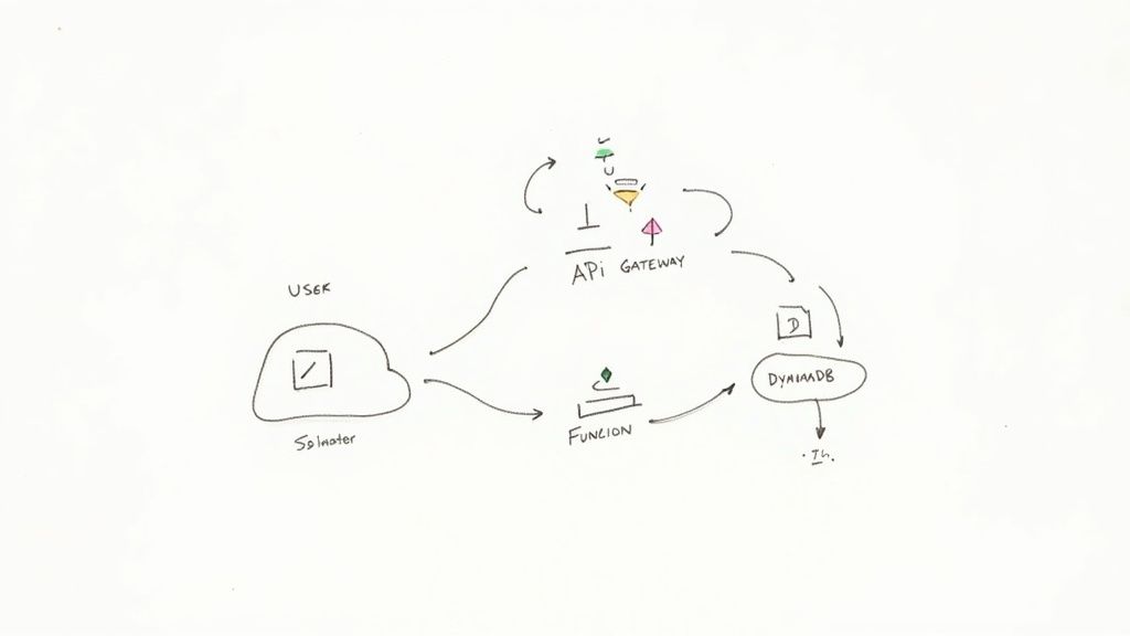 Hand-drawn serverless architecture diagram showing user interaction with API Gateway, Function, and DynamoDB.