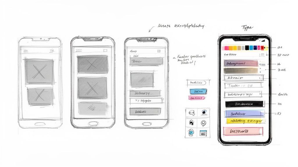 Sketches of mobile phone UI/UX design, illustrating wireframes, content layouts, color palettes, and typography.