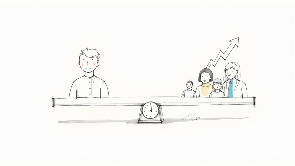 Illustration of a seesaw balancing a man and a family group, with a clock, symbolizing work-life balance.