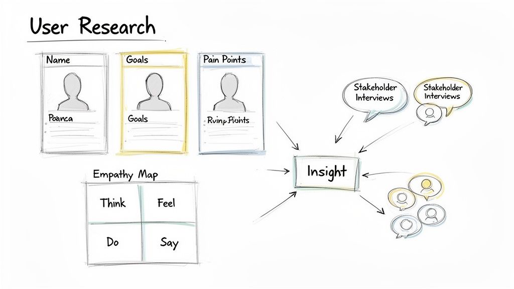 A user research diagram showing personas, empathy maps, stakeholder interviews, and other feedback contributing to insights.