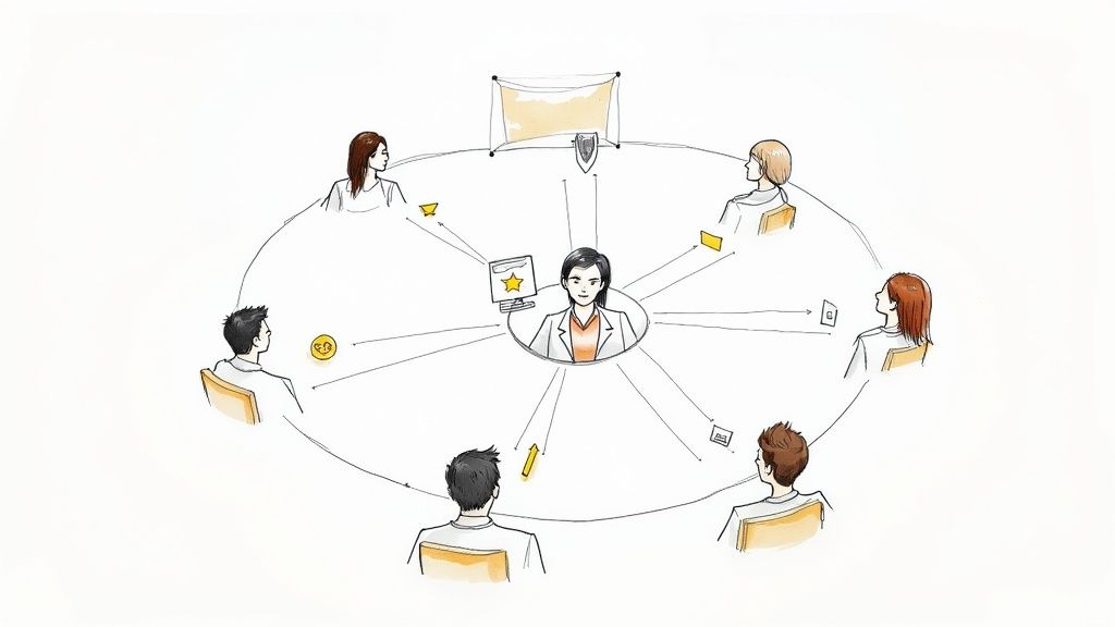 Illustration of a central figure engaging with multiple people, showing interactive communication and data exchange.