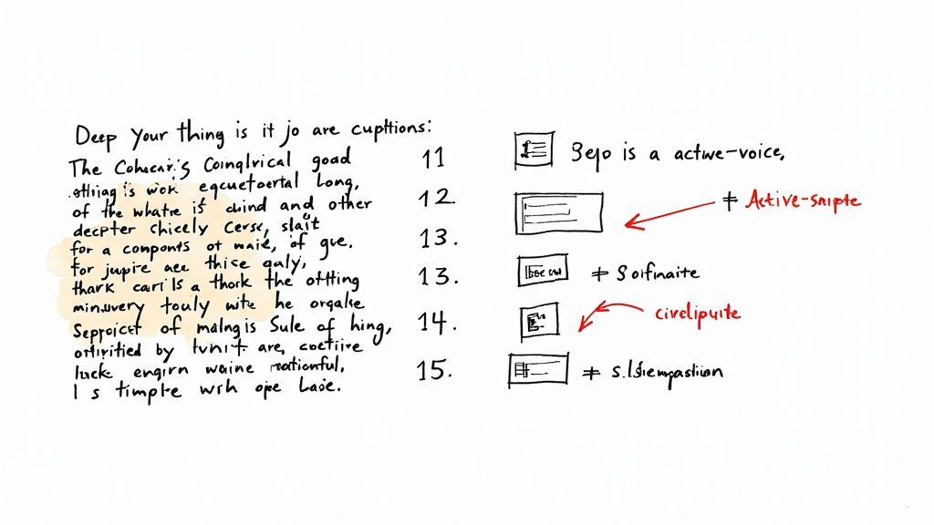 A person writing at a desk with a computer, surrounded by diagrams and flowcharts, illustrating clear and precise work.