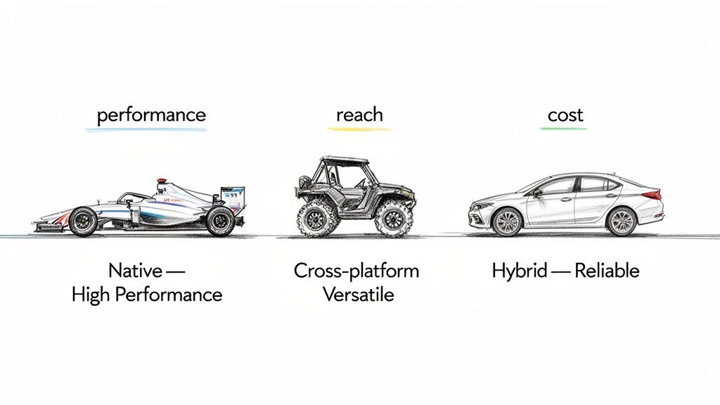 Cars compare software development: native for performance, cross-platform for reach, and hybrid for cost-effectiveness and reliability.