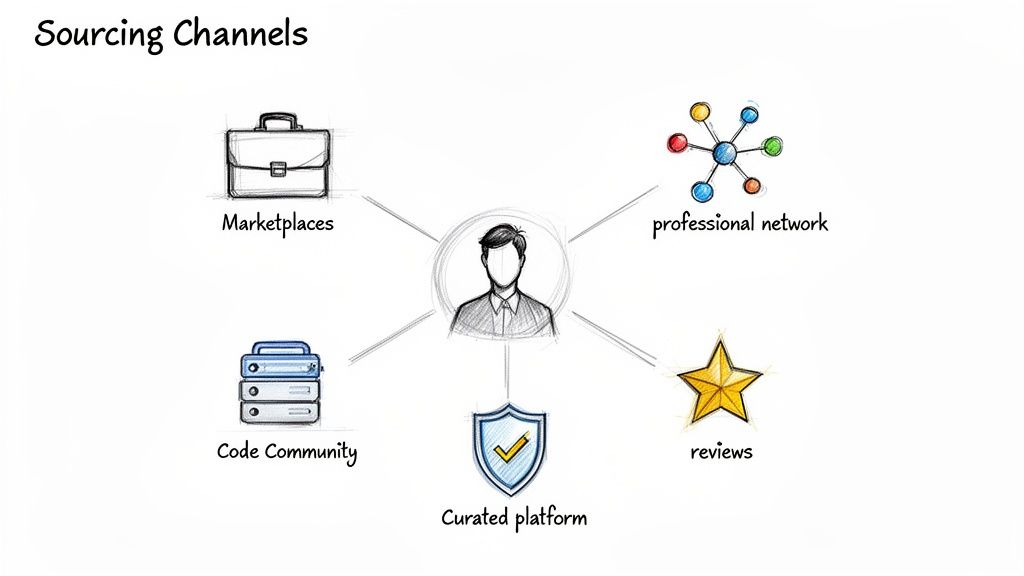 Diagram showing five sourcing channels for finding app developers: marketplaces, professional networks, code communities, curated platforms, and reviews.